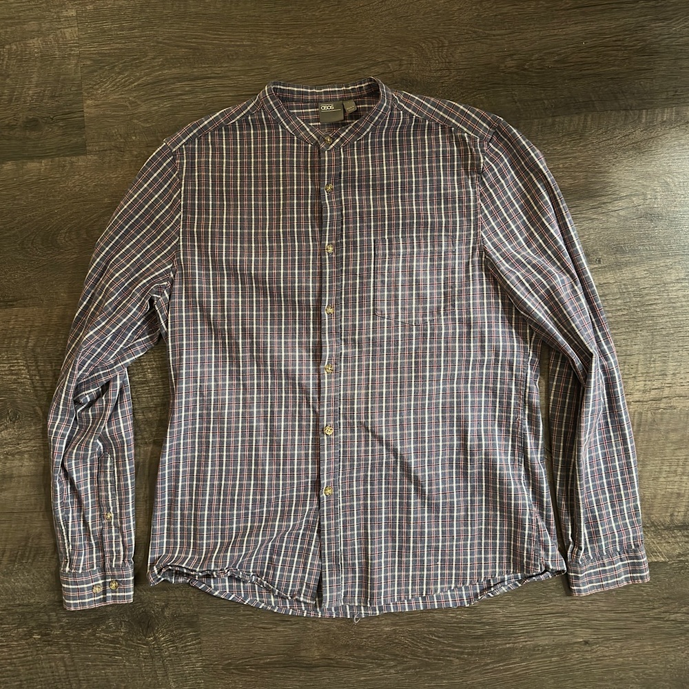 ASOS Checkered Collarless Button Down Shirt Large White Grey Red